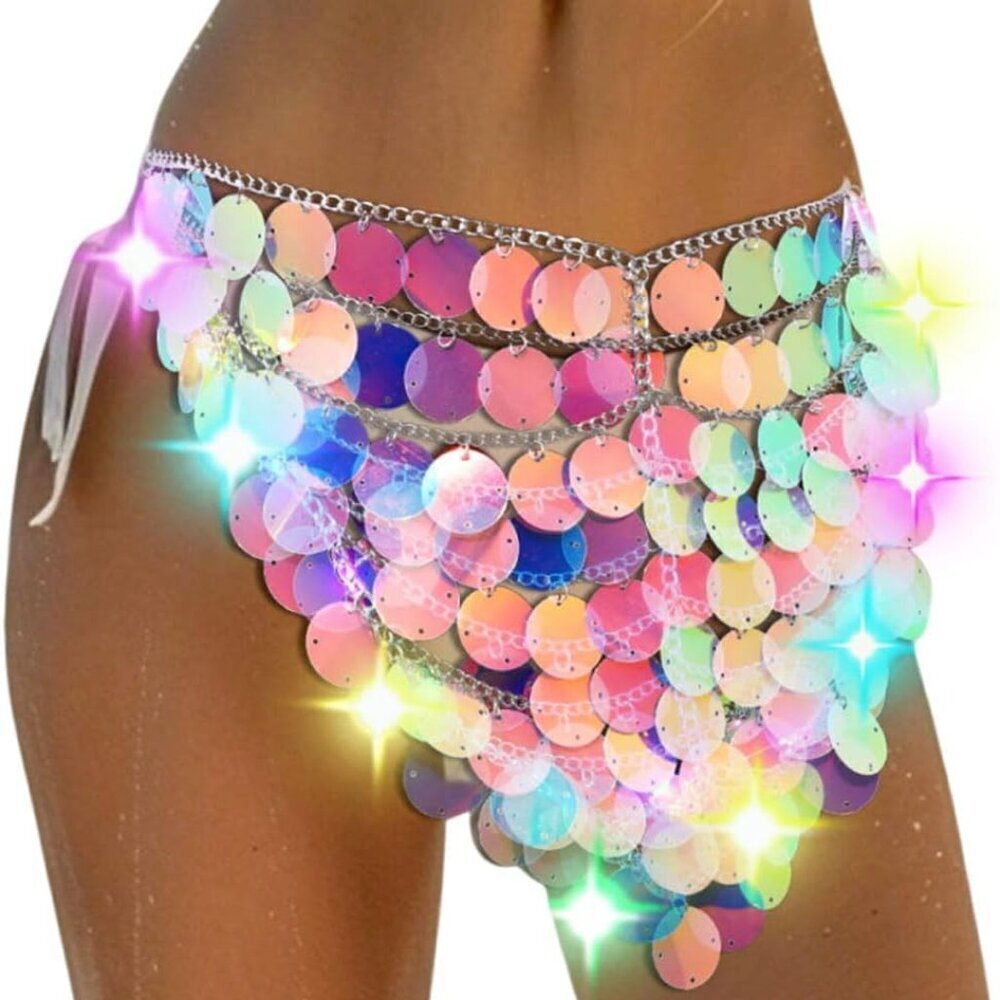 Sequin Chain Skirt Light Up Rave Body Accessory for Women Beach Party